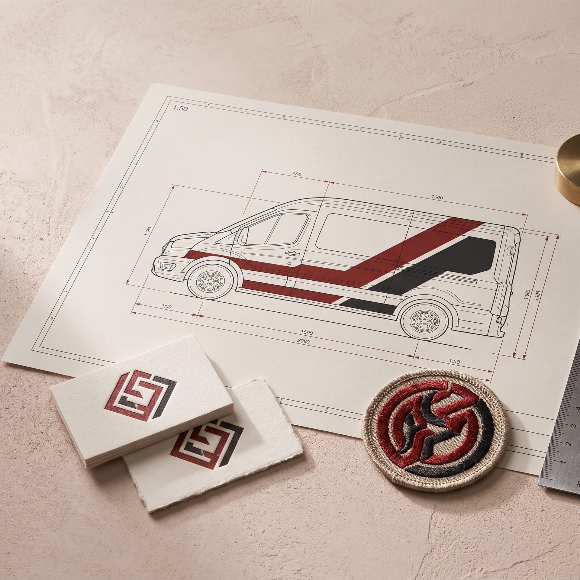 Herkenbare bedrijfsbus-bestickering, werkkleding-badge en visitekaartjes voor Installatietechniek in Zuidbroek en Veendam
